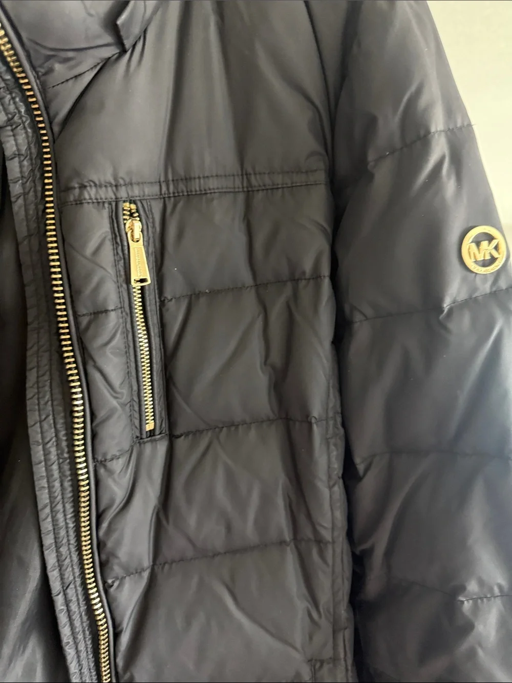 Michael Kors Black Long Quilted Puffer Coat with Gold Hardware